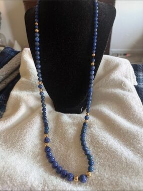 Lapis Bead Necklace with Gold Accents - Blue
